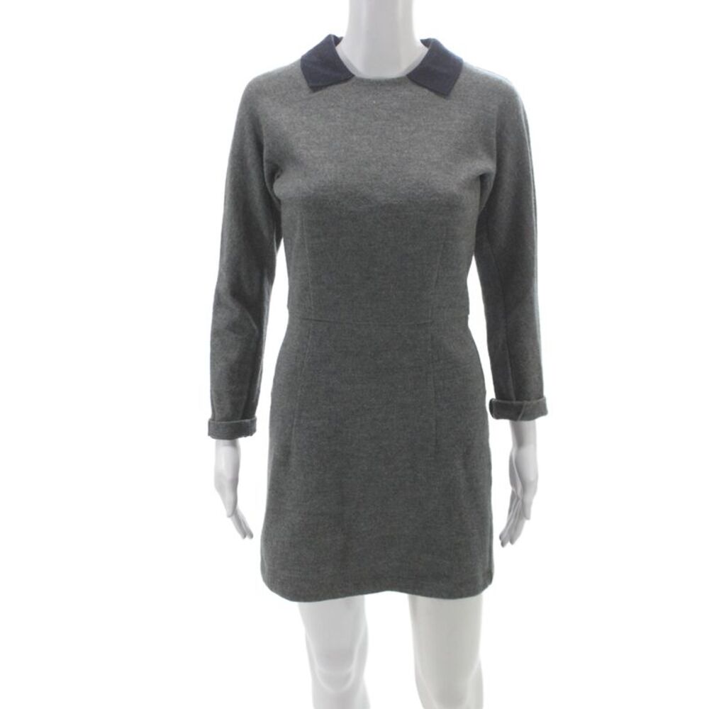 Toga Pulla Women Shift Dress Gray Wool Collared Long Sleeve Short Size 1